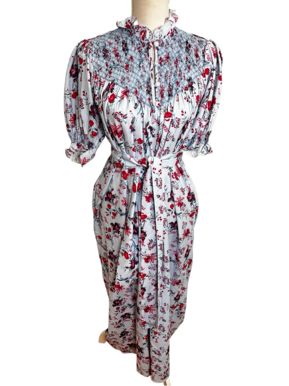 Loretta Caponi Elena Floral Puff Sleeve Smocked Maxi Dress Pinstriped Floral